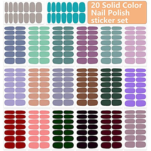 WOKOTO 20 Sheets Solid Color Nail Polish Strips Stickers Self-Adhesive Stick On Gel Nail Strips Full Nail Wraps for Women Nails Art with Nail File