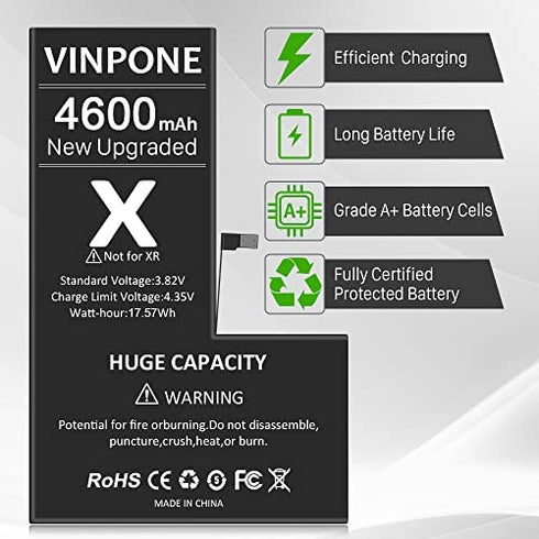 Battery for iPhone X,Upgraded 4600mAh Ultra High Capacity New 0 Cycle Replacement Battery for iPhone X Model A1865, A1901, A1902 with Complete Professional Repair Tool Kit
