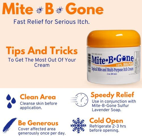 Mite-B-Gone 10% Sulfur Cream Itch Relief for Insect Bites, Acne, Itching and Redness (2oz) Fast and Effective Relief for All Bites with an All-Natural Blend of Anti-Inflammatory Ingredients