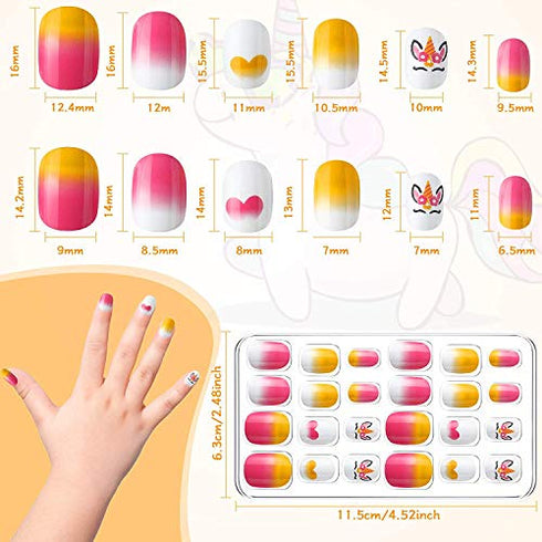 144pcs False Nails Press on Nails for Kids - Self-Adhesive Unicorn Short Fake Artificial Full Cover Nail Art Kits Transation with Nail Glue Tabs for Girls Children