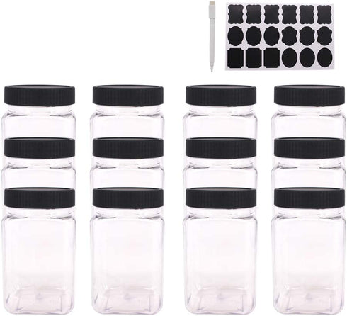 ZMYBCPACK 12 Pack 12OZ(350ml) Clear Empty Plastic Jars with Lids & Labels, 1 Pen - BPA Free Food Storage Containers for Dry Food, Peanut, Powder, Spice, Kitchen & Craft Storage Plastic Slime Jar