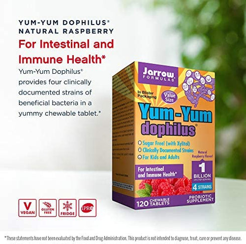 Jarrow Formulas Yum-Yum Dophilus, Natural Raspberry - 1 Billion Organisms Per Serving - 120 Chewable Tablets - Intestinal & Immune Health - For Kids & Adults - Up to 60 Servings