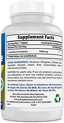 Best Naturals L-Carnitine 1000mg 60 Tablets (60 Count (Pack of 1))