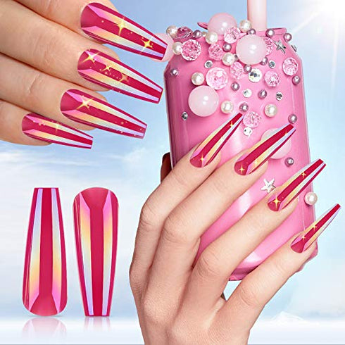 240 Pieces Extra Long Press on Nails Ballerina Coffin False Nails Solid Color Full Cover Fake Nails Artificial Acrylic Nails for DIY Nail Salon Women Girls (Aurora Pattern)