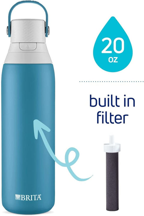 Brita Stainless Steel Water Filter Bottle, 20 Ounce, Blue Jay, 1 Count