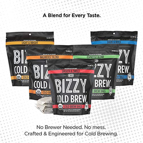 Bizzy Organic Cold Brew Coffee | Espresso Blend | Coarse Ground Coffee | Micro Sifted | Specialty Grade | 100% Arabica | Brew Bags | 4 Count | Makes 14 Cups