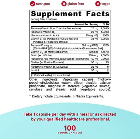 Jarrow Formulas B-Right - 100 Veggie Caps - Low-Odor Vitamin B-Complex Formula - Energy & Metabolism Support - Promotes Brain, Heart & Cardiovascular Health - 100 Servings