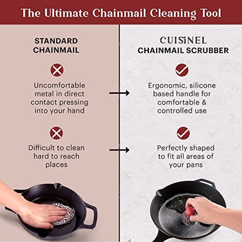 Cast Iron Chainmail Scrubber + Pan Scraper - Ergonomic Stainless and Silicone Cleaner for Pots and Skillets - Premium Food-Safe Design - Easy to Clean Dishwasher Safe Cookware Sponge Kitchen Accessory