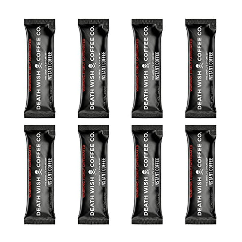 Death Wish Coffee Instant Coffee Dark Roast, 8 Single Serve Packets, Extra Kick of Caffeine, Bold & Intense Blend of Arabica & Robusta Beans, USDA Organic Powder, 300mg of Caffeine for Day Lift