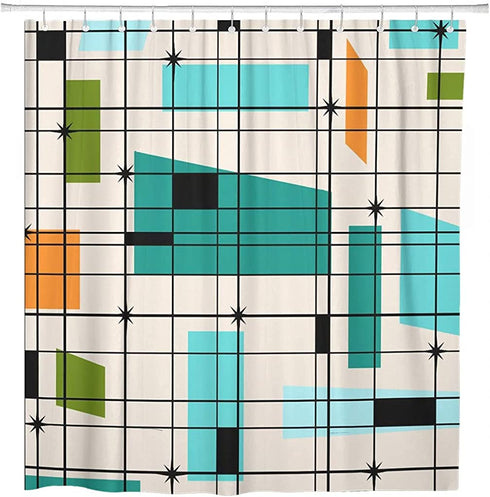 ArtSocket Shower Curtain Teal Mid Retro Grid and Starbursts Orange Century Modern Home Bathroom Decor Polyester Fabric Waterproof 72 x 72 Inches Set with Hooks