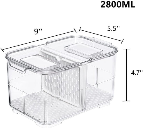 Slideep Food Storage Containers Fridge Produce Saver, Stackable Refrigerator Organizer Keeper Foldable lid with Removable Drain Tray for Produce, Fruits, Vegetables 2800 ml - 2 Pack