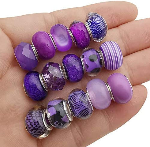 50pcs Assorted Purple Resin Imitation Glass European Large Hole Beads Rhinestone Metal Spacer Charms Bead Assortments for DIY Crafts Bracelets Necklaces Jewelry Making (M570-Purple)