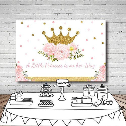 MEHOFOTO Little Princess Baby Shower Photo Studio Booth Background Pink Floral Shimmer Gold Crown Polka Dots Royal Celebration Photography Backdrops Banner for Cake Table Supplies 7x5ft