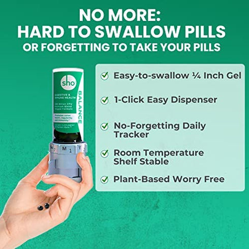 SHO Balance 100 Billion CFU Prebiotics & Probiotics for Digestive Health, Weight Loss & Gut Health Vegan Supplement for Women & Men, Lactobacillus Casei, Shelf Stable, 60 Small Pills Refill Bottle