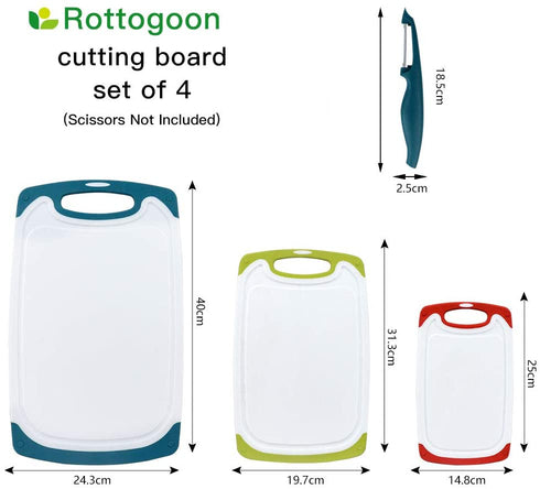 Cutting Boards for Kitchen, Plastic Chopping Board Set of 4 with Non-Slip Feet and Deep Drip Juice Groove, Easy Grip Handle, BPA Free, Non-porous, Dishwasher Safe