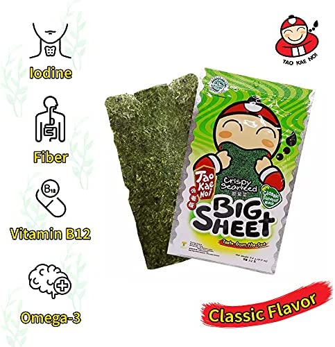 Big Crispy Seaweed Snack Sheets by Tao Kae Noi | Classic Thai Seaweed Chip | Healthy Nori Snacks for Kids and Adults | 12 Individually Wrapped Sheets per Box, 3.2g each
