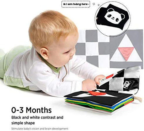 beiens Baby Books Toys, High Contrast Black and White Books Non Toxic Fabric Touch and Feel Crinkle Cloth Books Early Educational Stimulation Toys for Infants Toddlers, Baby Gift Soft Toys Mirror