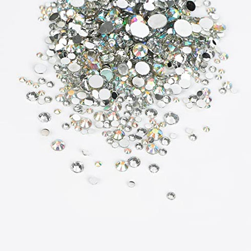 Canvalite 1500PCS Rhinestones in 6 Sizes Flat Back Gems, Crystal AB Rhinestones Nail Art Gems with Pick Up Tweezers and Rhinestone Picker Dotting Pen, Nail Art Tools for Nails, Clothes, Face, Craft