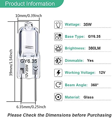 GY6.35 Halogen Light Bulbs 12 Volt 35 Watt, 12 Pack 2 Pin GY6.35 Base Bulb, Replacement T4 Tubular JCD Type Bulb for Ceiling Lights, Table Lamp, Chandelier, 2700K Warm White, Dimmable