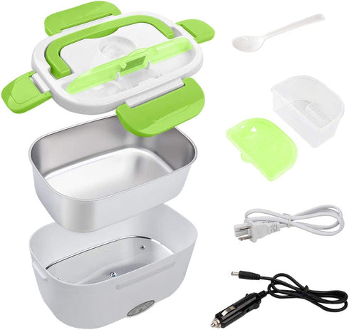 Electric Lunch Box -- Toursion Portable Food Heater 2 in 1 for Car/Truck and Work 110V&12V-24V 40W, Removable Stainless Steel Portable Food Warmer 1.5L, Spoon and 2 Compartments Included(Green)