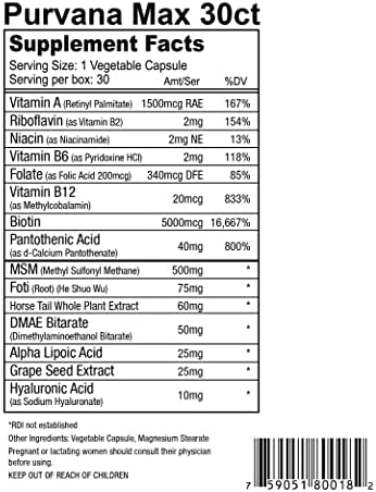 Purvana Max Hair, Skin, and Nails Vitamin Vegetable Capsules for High Absorption - Double Strength Biotin 5000 MCG, VIT A & B, Folic Acid, Grape Seed Extract - Herbal Supplement (30 Count) (1 Pack)