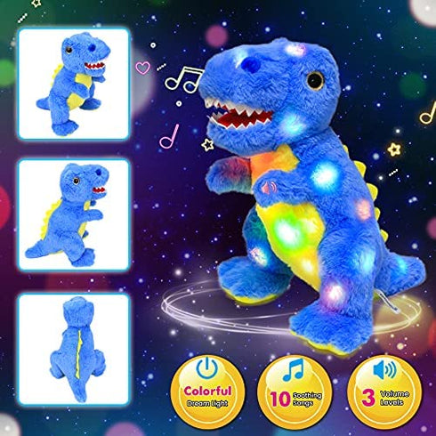 Cuteoy LED Musical T-Rex Blue Stuffed Dinosaur Light up Singing Plush Toy Adjustable Volume Lullaby Animated Soothe Birthday Gifts for Kids Toddlers, 12’’