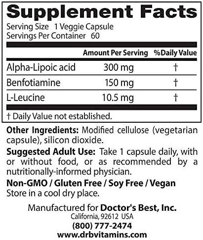 Doctor's Best Benfotiamine 150 + Alpha-Lipoic Acid 300, Non-GMO, Vegan, Gluten Free, Promotes Healthy Blood Sugar, 60 Veggie Caps