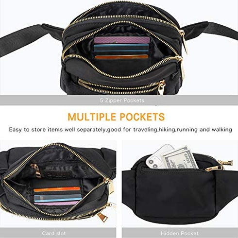 ZORFIN Fanny Packs for Women Men Fashion Waist Pack Bag Multi-Pockets Large Capacity Hip Bum Bag for Travel Festival Cycling Running Hiking (Black2)