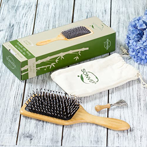Boar Bristle Hair Brush Men Detangling Hair Brushes for Women Mens Paddle Brush Bamboo Wooden Bore Natural Hairbrush for Shine Soft Fine Hair Reduce Frizz Dry Improve Hair Texture