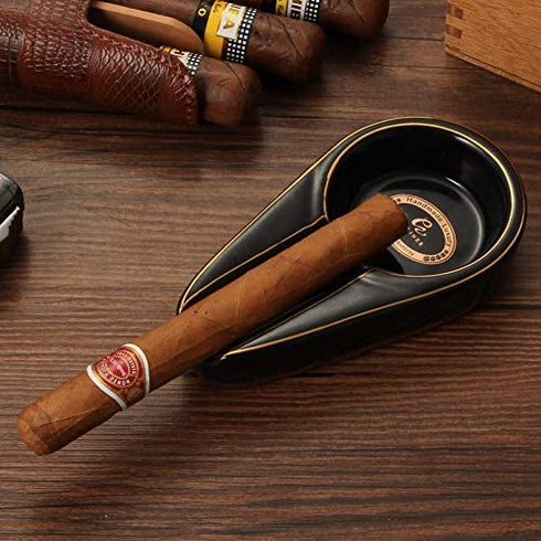 Galiner Cigar Ashtray, Travel Ceramic Ashtray, Outdoor cigar Ash Tray gift accessoires(Black With Golden line)