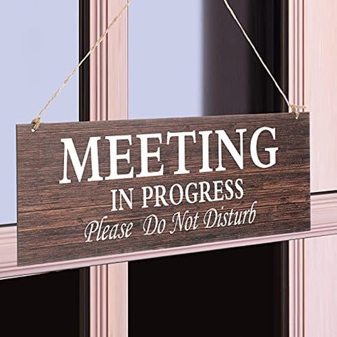 1 Piece Double-side Meeting In Progress Please Do Not Disturb, Welcome Please Knock Hanging Wooden Sign Plaque, In a Meeting Sign for Office Door Meeting Room Home Study, 16 x 6 Inch (Brown and White)