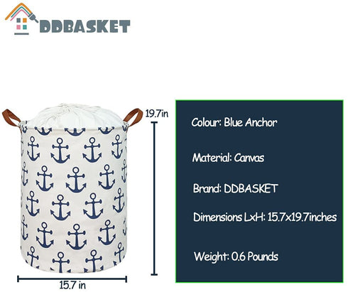 DDBASKET Large Laundry Basket with Lid Collapsible Toy Storage Bin Drawstring Baby Clothes Hamper with Handles for Kids,Boys and Girls,Nursery Hamper(Blue anchor)