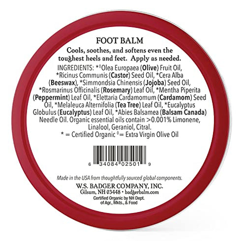 Badger - Foot Balm, Peppermint & Tea Tree, Heel Balm for Dry Cracked Feet, Certified Organic, Foot Balm with Essential Oils, Extra Virgin Olive and Jojoba Oils, 2 oz