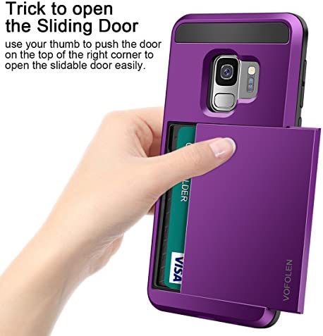 Vofolen Cover for Galaxy S9 Case Wallet Card Slot Holder Sliding Hidden ID Pocket Dual Layer Heavy Duty Protection Rugged Hard Shell TPU Bumper Armor Protective Case for Samsung Galaxy S9 (Purple)