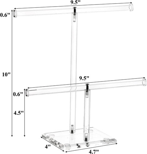 Okllen 2 Pack 2 Tier Acrylic Bracelet Holder, T-bar Clear Jewelry Display Stand, Necklace Storage Tower Jewelry Hanging Organizer for Bangle, Watch, Pendant, Headband Scrunchy, 9.5" W x 10" H