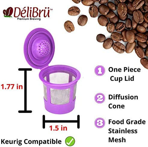 Reusable K Cups for Keurig 2.0 & 1.0 - Pack of 4 (Purple) - Easy to Clean - Universal Keurig Reusable Coffee Pods by Delibru
