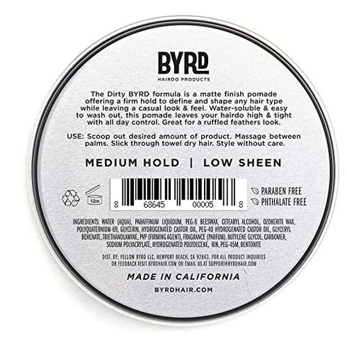 BYRD Hair Matte Pomade - Medium Hold, No Sheen, For All Hair Types, Mineral Oil Free, Paraben Free, Phthalate Free, Sulfate Free, Cruelty Free, Water Based, 3.35oz