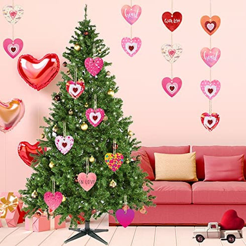 Wooden Hearts for Crafts - 30 Pcs 3" Natural Heart Wood Slices Unfinished Predrilled DIY Heart Wooden Ornaments Heart Shape Wood Cutouts with Glitter Heart Foam Stickers for Valentine's Day
