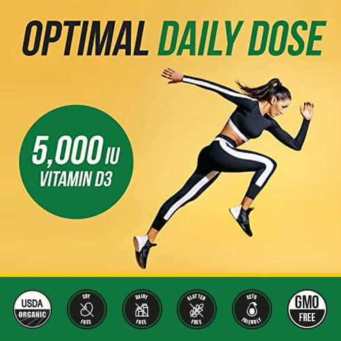 Plant-D3 Organic Vitamin D3 5000 IU - Vegan, Max Strength Sublingual Liquid D3 Drops - 200% Higher Absorption - 100% Plant-Based Cholecalciferol Form - Adjustable Dosing for All Ages (1oz Liquid)