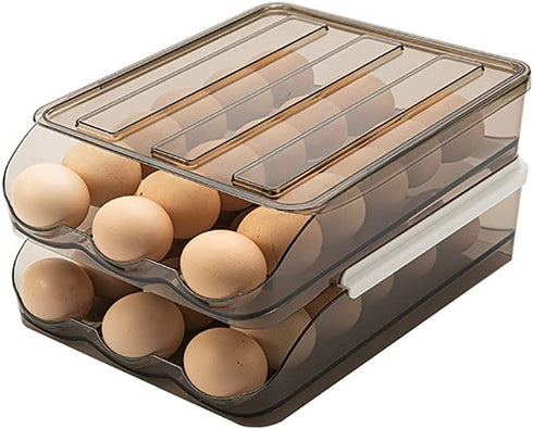 Egg holder for refrigerator Automatic Rolling, Egg Storage box Brown Transparent Drawer, Egg Tray Fridge Organizer For Household, Smart Stackable Devil Egg Container with Lid (Two Layers)