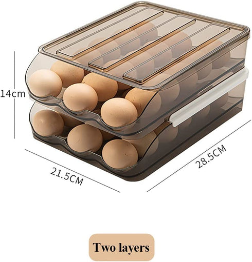 Egg holder for refrigerator Automatic Rolling, Egg Storage box Brown Transparent Drawer, Egg Tray Fridge Organizer For Household, Smart Stackable Devil Egg Container with Lid (Two Layers)
