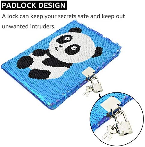 VIPbuy Magic Reversible Sequin Notebook Diary Lined Travel Journal with Lock and Key for Kids Girls, Size A5 (8.5” x 5.5”), 78 Sheets, Panda (Blue to Purple)