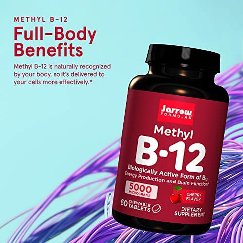 Jarrow Formulas Maximum Strength Methyl B-12 5000 mcg - Dietary Supplement - 60 Chewable Tablets, Cherry Flavored - Bioactive Vitamin B12 - Supports Cellular Energy Production - Non-GMO & Gluten Free