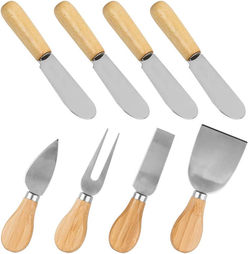 Set of 8, Wood Handle Cheese Knives and Spreaders, DaKuan Cheese Slicer Cheese Cutter Condiment Knives Set