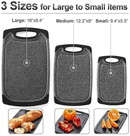Home & Kitchen Essentials 3-Piece Cutting Board Set. Reversible, Marble Granite Gray, BPA Free, Dishwasher Safe, Easy-Grip Handle and Non-Porous with Juice Grooves