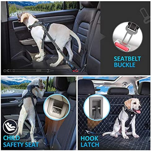 IOKHEIRA Dog Seat Belt 3-in-1 Car Harness for Dogs Adjustable Safety Seatbelt for Car Durable Nylon Reflective Bungee Fabric Tether with Clip Hook Latch & Buckle, Swivel Zinc Alloy Carabiner
