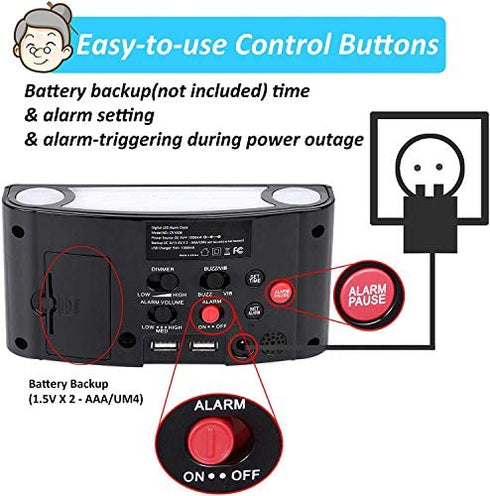 Extra Loud Vibrating Alarm Clock with Bed Shaker for Heavy Sleepers,Digital Bedroom Clock for Deaf Hearing Impaired Senior, 7 Night Light, Large LED Display,Dimmer, 2 USB Charger,12/24H,Battery Backup
