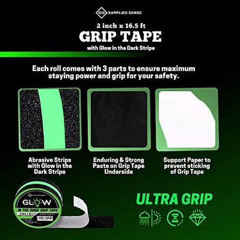 Anti-Slip Grip Tape Strips 2"x16.5ft, Non-Slip Traction Tape, Weatherproof Safety Adhesive Grip Treads with Glow in the Dark Strip, In/Outdoor Abrasive Tape for Stairs, Non-Skid Steps - Supplies Sense