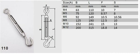 BQLZR M4 Stainless Steel 304 Hook & Eye Turnbuckle Wire Rope Tension Pack of 5