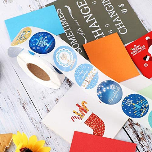 ELCOHO 600 Pieces Happy Hanukkah Stickers Holiday Menorah Labels Stickers Round Hanukkah Themed Seal Stickers for Holiday Decorations